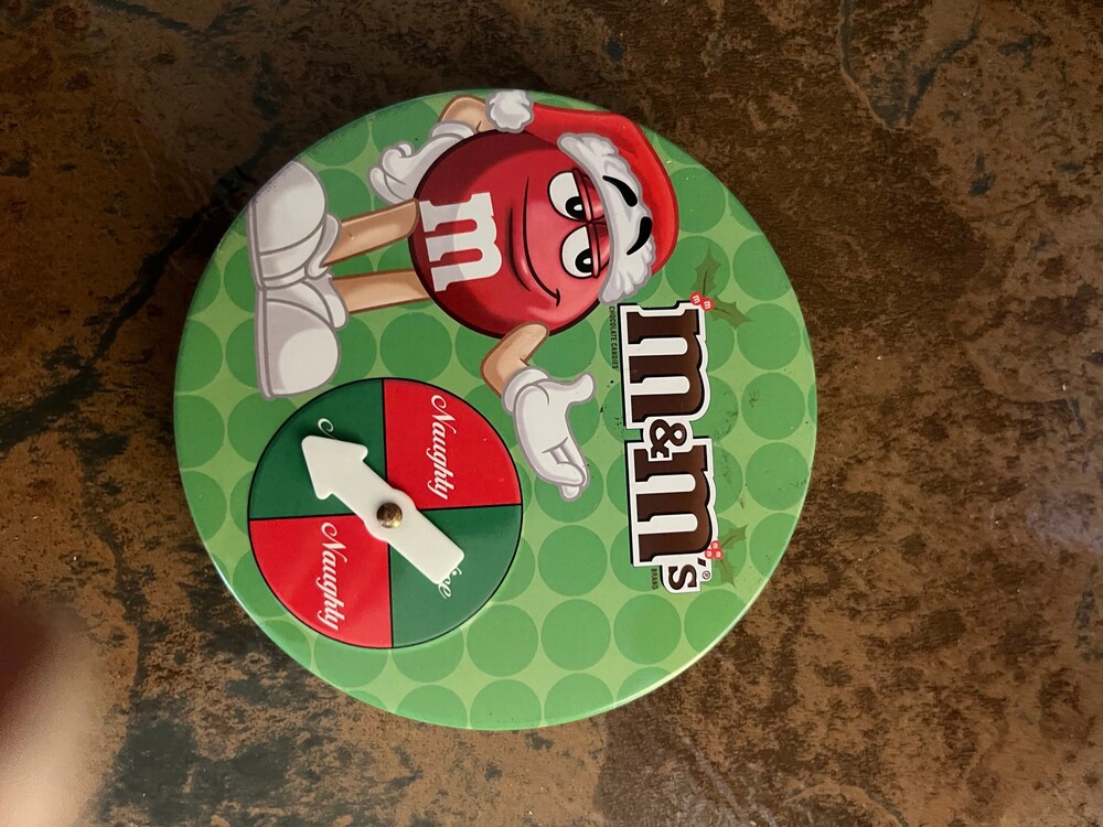 M&M's Metal Tin Holiday Candy Container Green Spinner Lid 5.3 oz